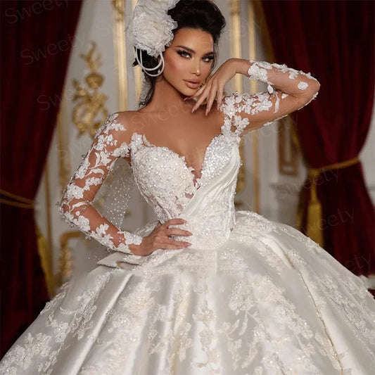Vintage Wedding Dress Satin With Embroidery Lace Princess Ball Gown O-Neck Full Sleeve Customized Bride Dress Vestido De Novia
