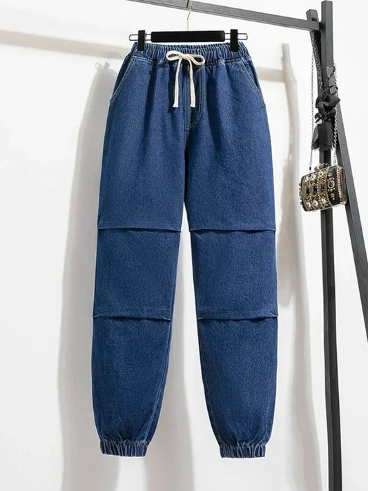 2025 Summer Women Plus Size Jeans Drawstring Elastic Waisted Harun Jeans Vintage Washed Cotton Oversized Trousers Y2k Pants