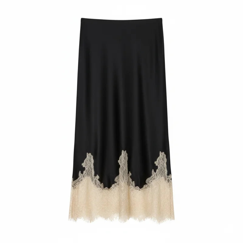 Women Lace Patchwork Midi Skirt Slim High Waist Satin Skirts Summer Trend Woman Elegant Evening Party Chic Skirts Mujer