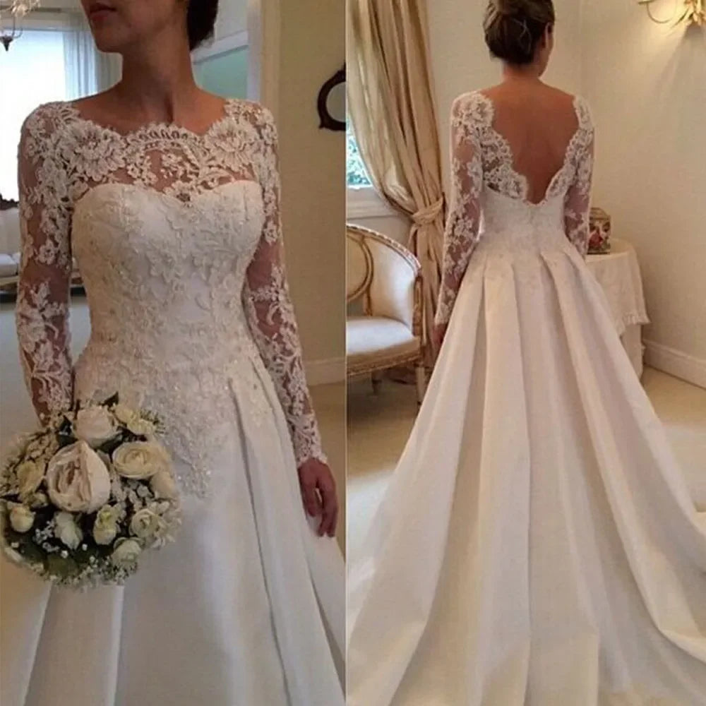 Elegant Backless Wedding Dress 2020 Vintage robe de mariée Lace Satin Long Sleeve Bride Dresses 2022 Custom Made Robe De Mariee