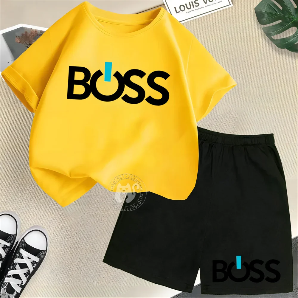 Simple letter BOSS Print Teen boys Girls street casual suit top Kids Summer Short sleeve T-shirt + Shorts