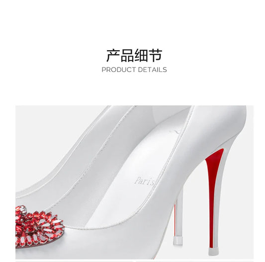 Red soled heart-shaped rhinestone white high-heeled shoes for women's 2025 wedding, exuding a refined and refined style