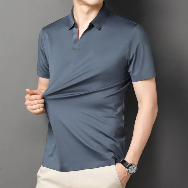 2024 High-quality Elastic Stretch POLO, Business Casual Men's Short-sleeved Shirt, Seamless V-neck M-4XL Men's Polo Shirt