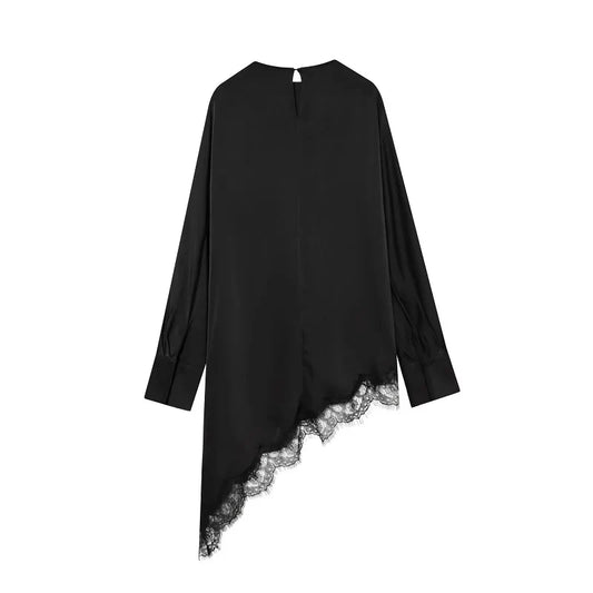 Women's Lace Blouse Asymmetric Long Black Blouse Woman Spring Elegant Plus Size Top Sweatshirt Long Sleeve Blouse Women