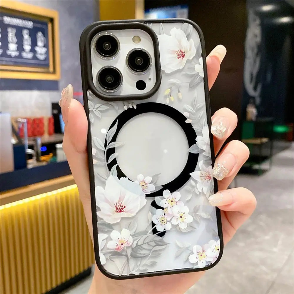 Fashion Flowers Floral Clear For Magsafe Magnetic Wireless Charging Case For iPhone 16 11 12 13 14 15 Pro Max Hard Bumper Cover