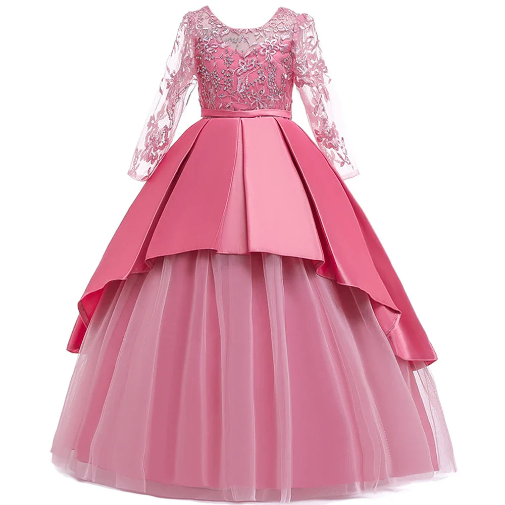 Teens Sequin Bridesmaid Girls Party Dress Long Sleeve First Communion Gown Wedding Party Princess Dresses Bow Christmas Costumes