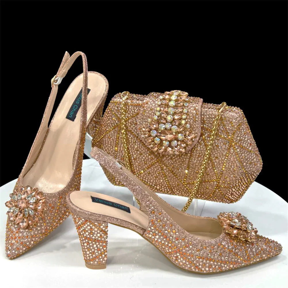 Coffee Women Shoes And Bag Set Luxury African Ladies Pumps Match With Handbag Clutch High Heels Sandals