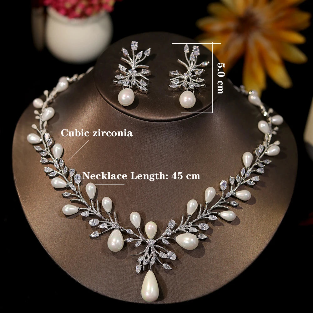 Luxuosas Zircônias Cúbicas Brancas Grande Colar de Pérolas e Brincos Conjuntos de Joias para Noivas e Festas para Mulheres Frete Grátis em Tudo X0470