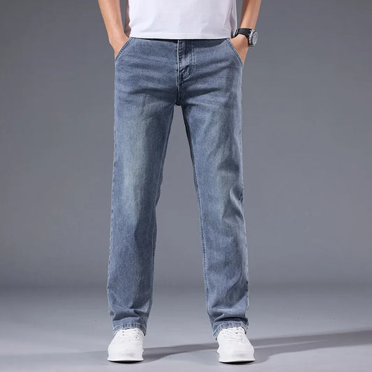 New Men's Light Business Micro Stretch Straight Fit Denim Pants Vintage Distressed All Season Wearable Long Pants