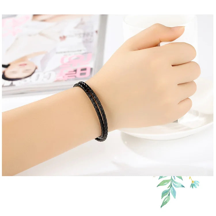 Genuine Long Double Pink Black Braided Leather Chain Women Bracelets with 925 Sterling Silver Snake Clasp PAS908