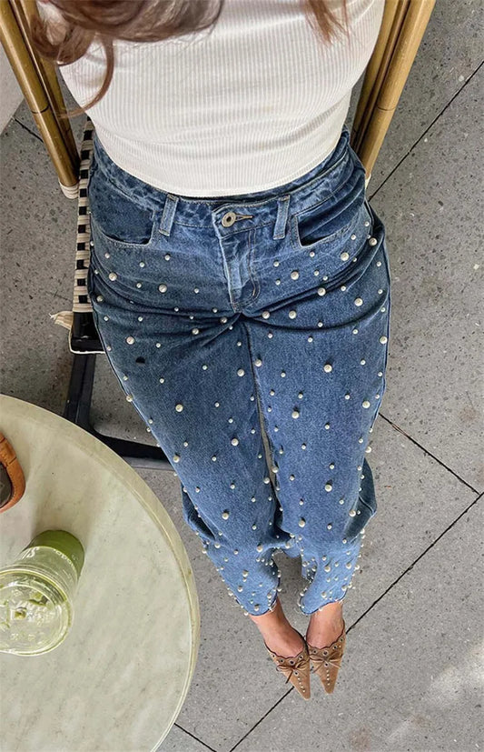 Y2K Fashion Beading Vintage Denim Pants Women