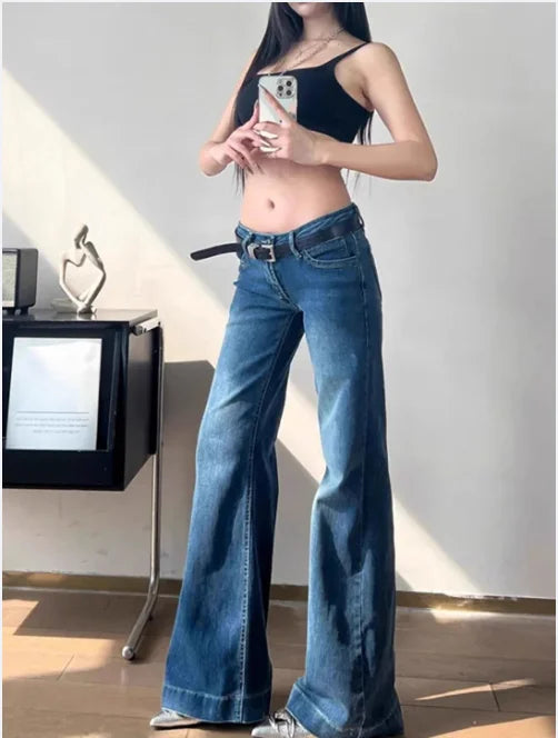 Y2K Streetwear Low-Waisted Jeans Women Korean Fashion Slimming Denim Flares Pants Spring Summer Sexy Wide Leg Trousers