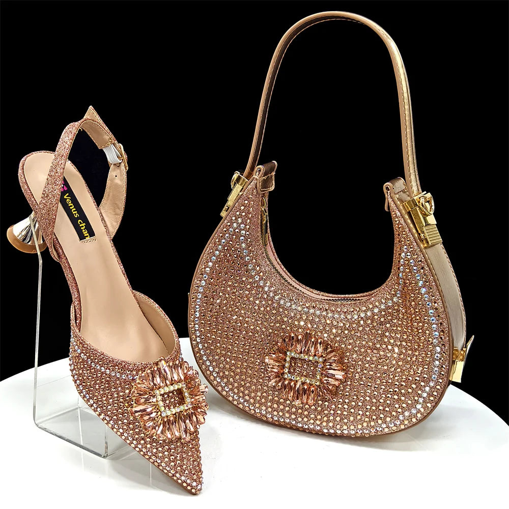 Elegant Nigerian Women’s Italian Design Black Heels and Handbag Set With Rhinestone Accents for Wedding and Party