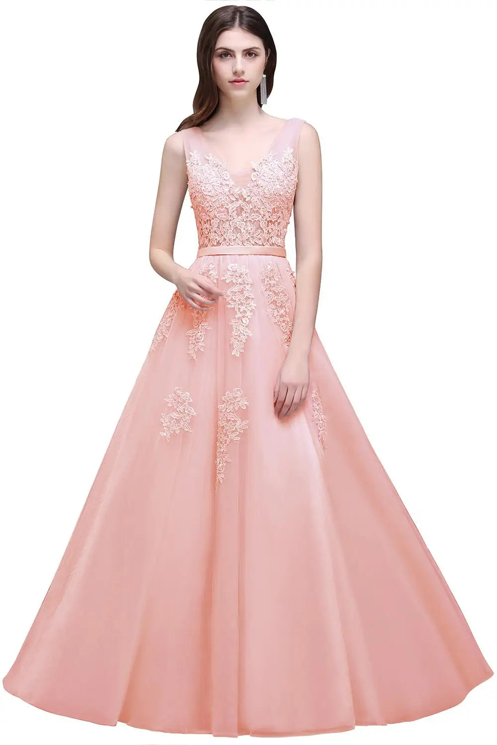 In Stock Pink Princess Prom Dresses Appliques Beaded V Neck Long Evening Dress Soft Tulle Bridesmaid Dress Vestidos De Fiesta