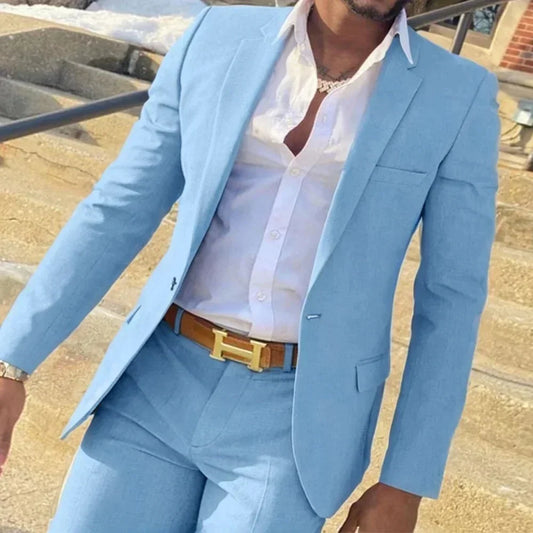 Sky blue Men Suits2 Pieces Costume Homme Summer Beach Lapel Groomsmen Suits Solid Color Men Wedding Prom Suits Jacket+Pant