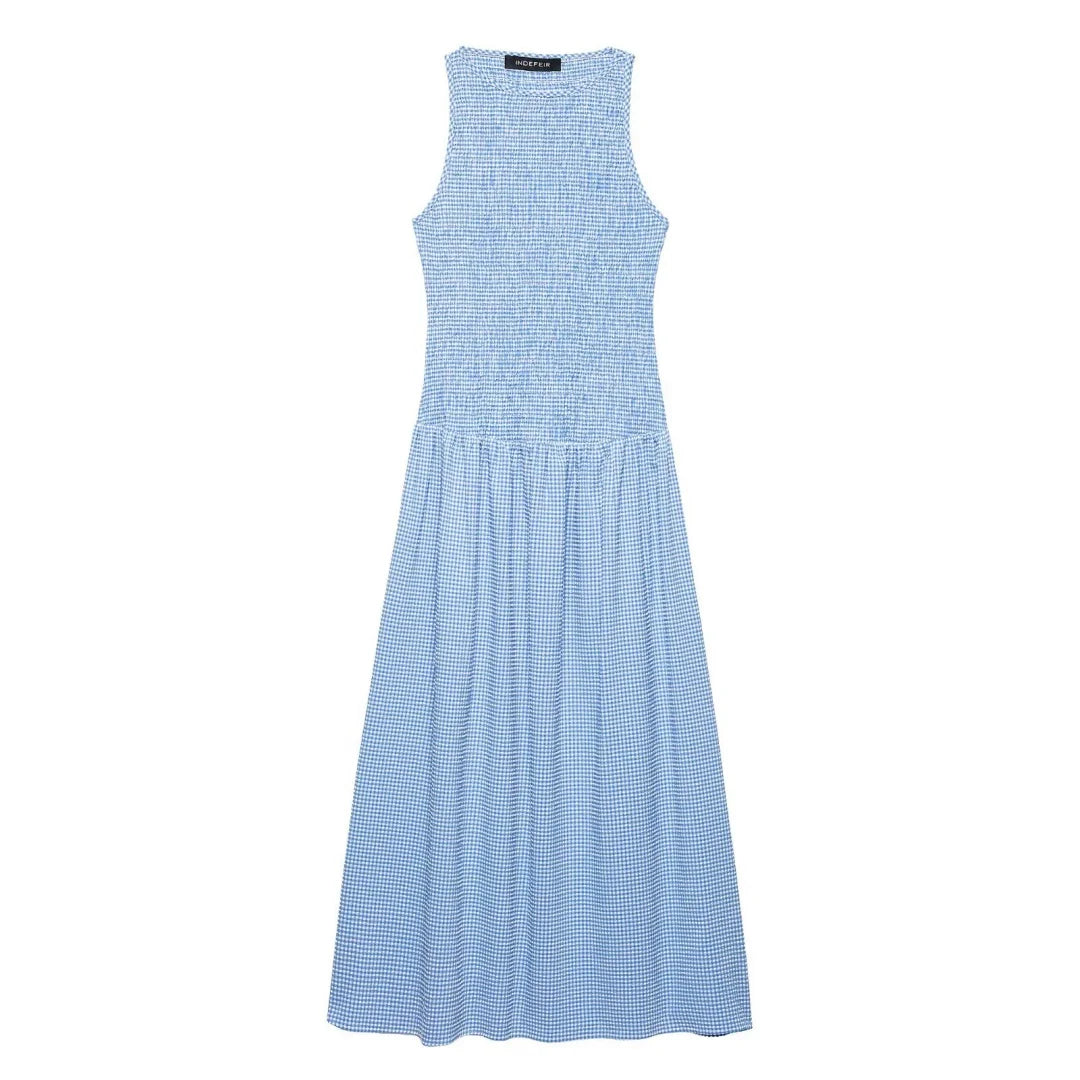 Dress for Women Fashion Summer New Plaid Fold Sleeveless O-neck Midi Vest Dresses French Chic Female Evening Clothing