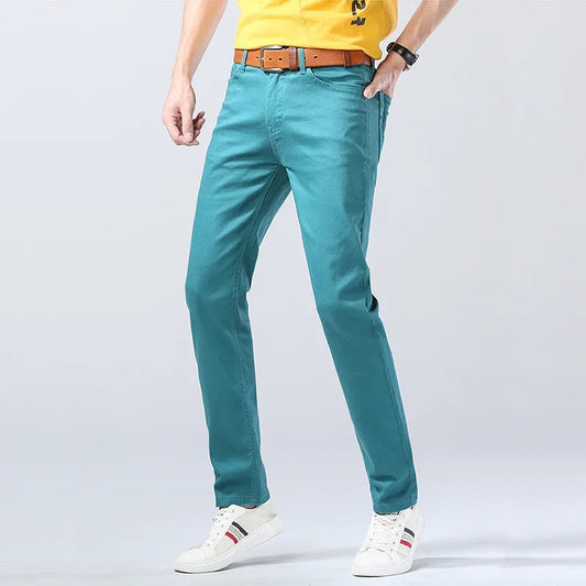 2024 Autumn New Men's Stretch Fit Jeans Bright Trendy Denim Straight-leg Trousers Male Red Lake Blue Yellow Trousers