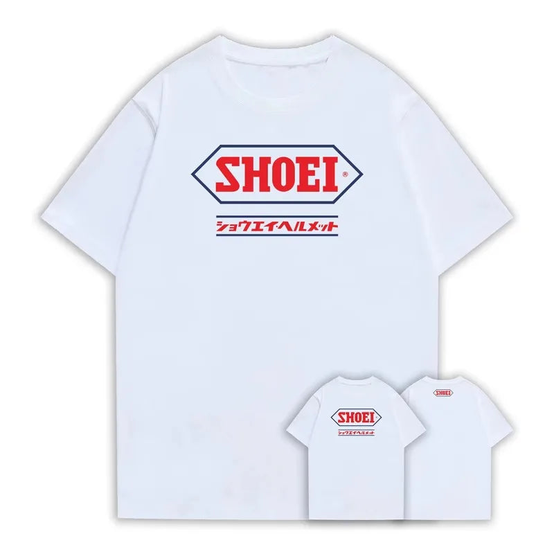 A Black Round-neck Short-sleeved T-shirt with A Classic Japanese SHOEI Motorcycle Racing Helmetthe Same Style As Marquis Summer