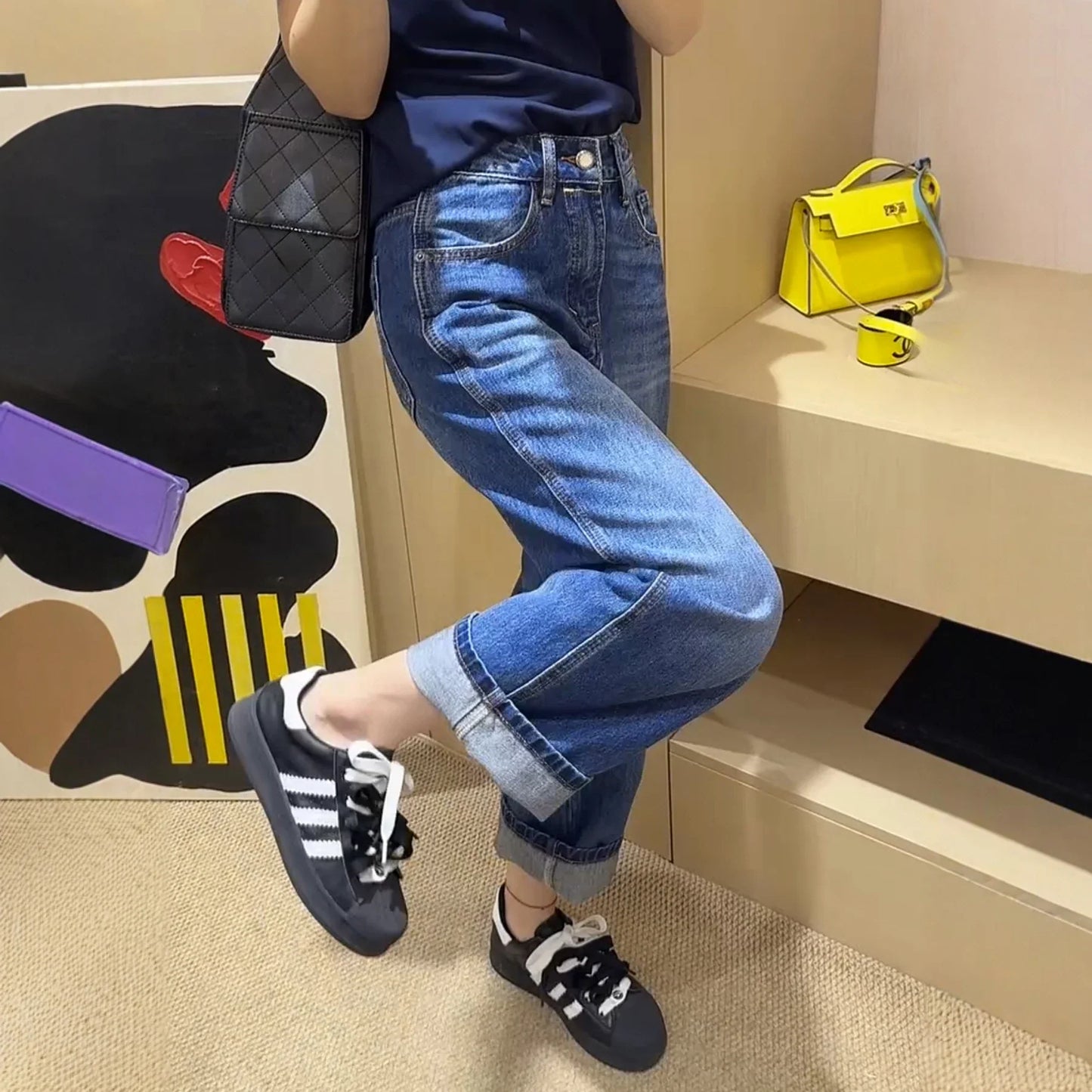 Calças jeans femininas de cintura alta elástica primavera