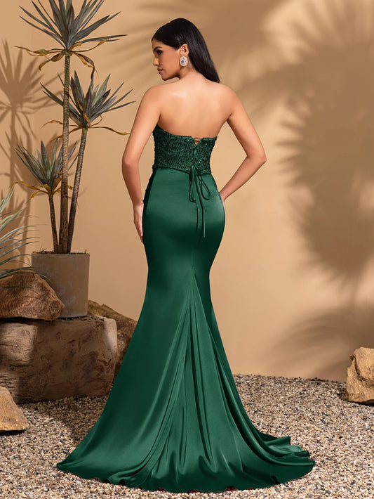 Satin pleated floor-length sequined patchwork strapless dress with back ties