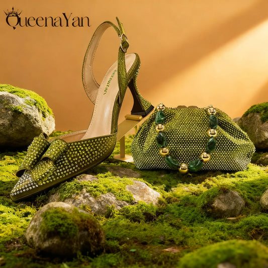 Italian Fashion Pointed Toe Women High Heel Shoes Mixed Color Effect Rhinestone Decoration Shoes And Bag Set