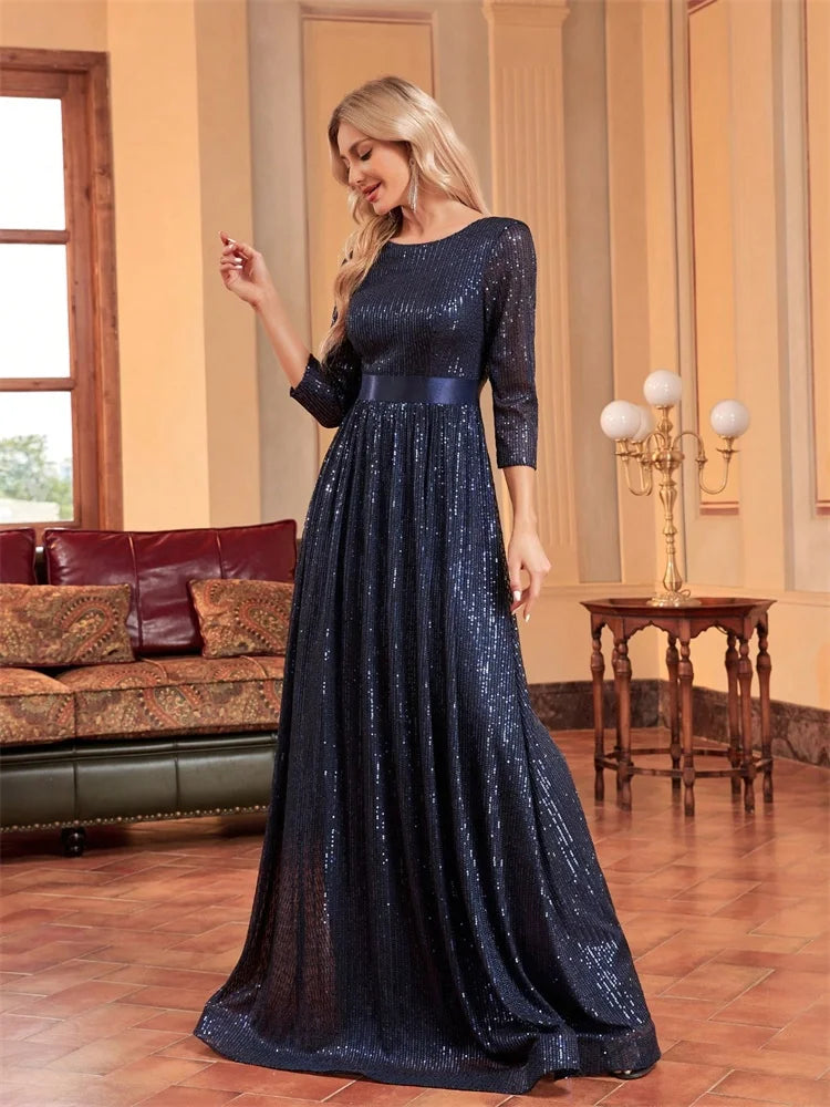Luxury O-Neck Long Sleeves Blue A-line Sequins Formal Evening Dresses Women V-back Slim Wedding Party Prom Maxi Cocktail Gowns
