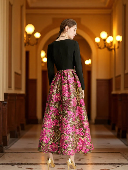 Elegant Women Long Maxi Jacquard Dress New Party Evening Spliced Spring Autumn Vintage Floral Ball Gown