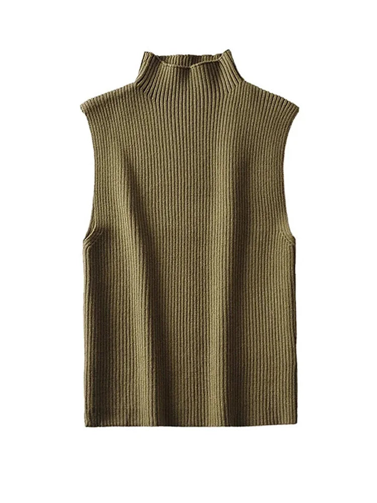 Women Fashion Fitted Basic Ribbed Knit Tank Tops Vintage High Neck Sleeveless Female Camis Chic Vest Top Mujer
