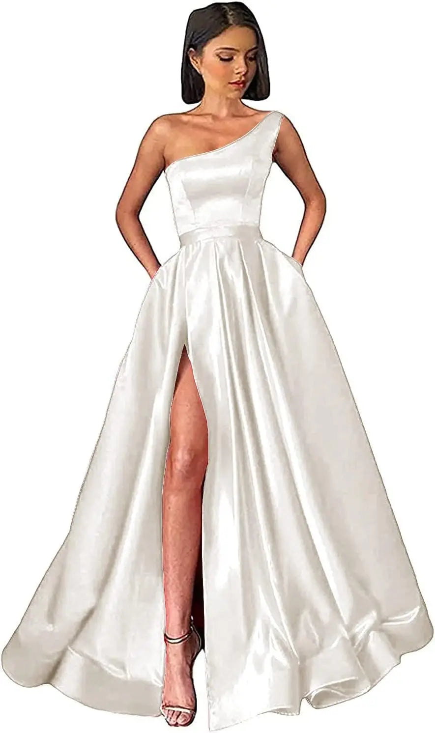 Women's One Shoulder Prom Dresses with Pocket High Slit Pleated Satin Corset Formal Gowns Evening Dress A Line Bridesmaid Gown