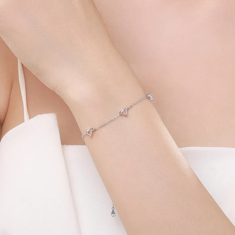 Authentic Luxury Rainbow Fire Color Zirconia Bracelet Charm Hearts Chain Link Bracelet For Women Birthday Crystal Jewelry