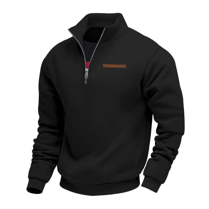 Suéter masculino americano de moletom grosso de outono e inverno com manga longa, meio zíper, gola alta e caimento solto