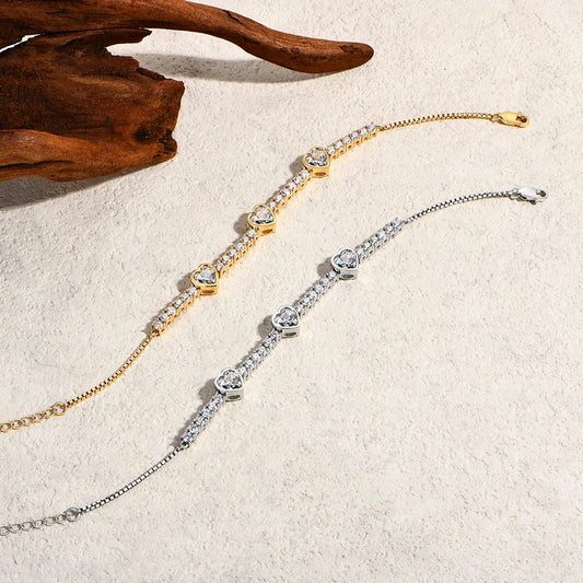 Heart Shaped Moissanite Bracelet for Women S925 Sterling Silver Adjustable Tennis Chain Gold Plated Trendy Fine Jewelry