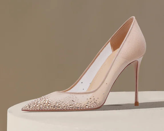 New summer black mesh rhinestone high heels for women, slim heels, shallow toe, sexy sandals with a single buckle strap