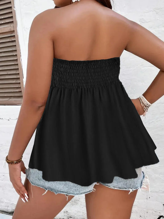 Plus Size Women's Sexy High Waist Pleated Tube Top,Summer Casual Solid Color Clothes
