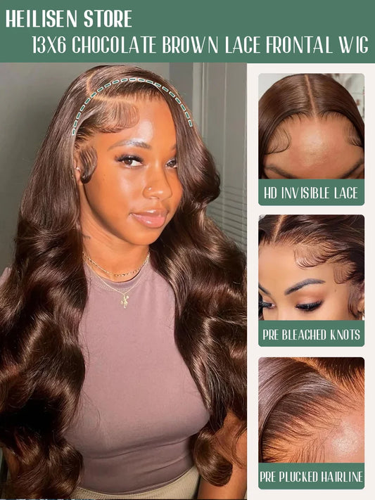 220% Density 36 Inches Chocolate Brown Body Wave 13x6 Lace Front Human Hair Wigs 13x4 Lace Frontal Wig Brazilian Remy Hair Wig