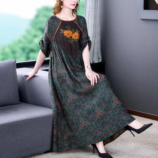 2025 Floral Mulberry Silk Maxi Dress Women Korean Vintage Casual Evening Dress Summer Elegant Loose Wasit Plus Size Party Dress