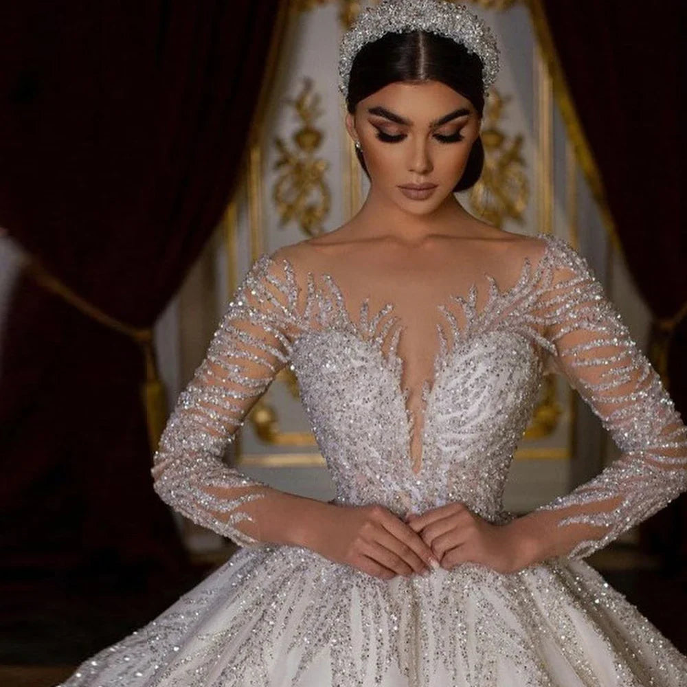 Customized Long Sleeve Shiny Ball Gown Wedding Dresses Backless Robe Mariage Sequined Vintage Princess Vestido de novia boda