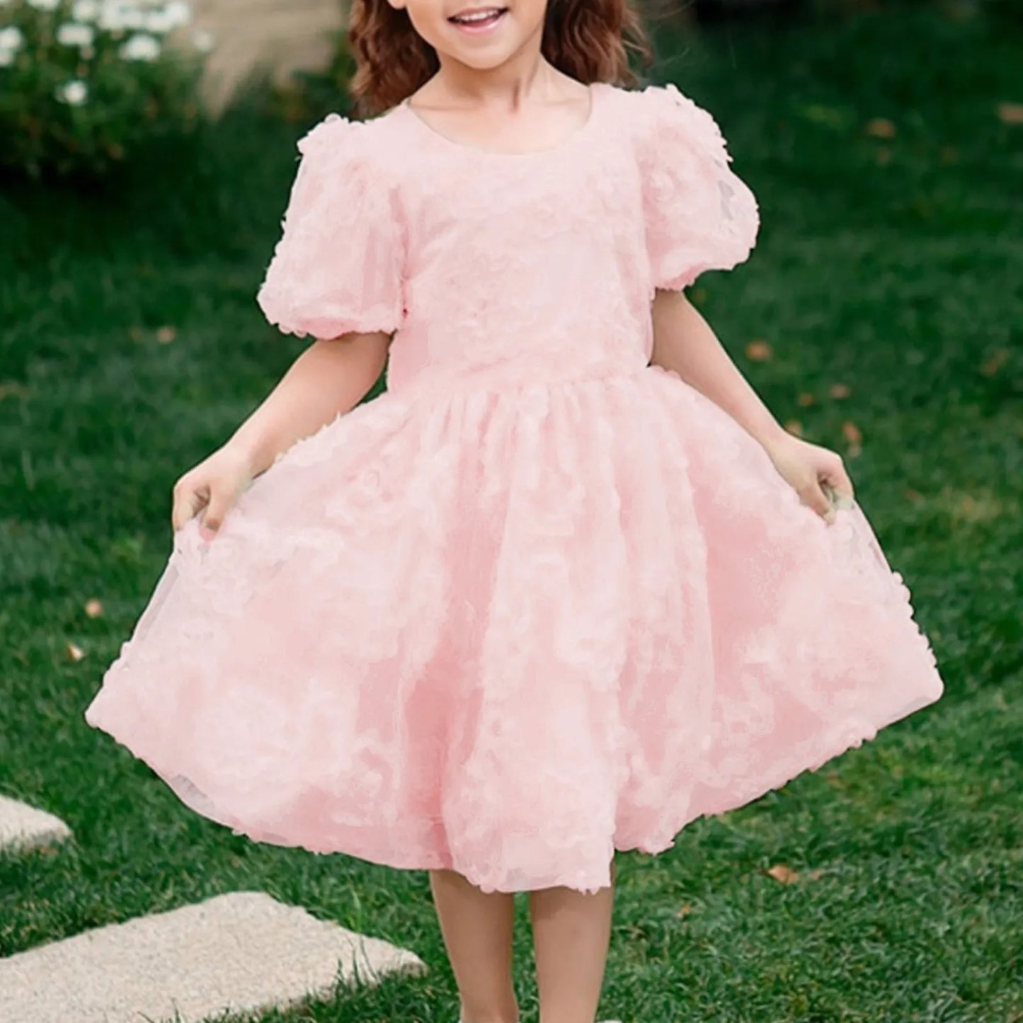 New Summer Teenager Girl Dress Solid Color Short Puff Sleeves Square Collar 3D Flower Sequined Baby Princess Dresses 2025
