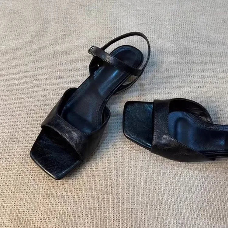 2025 Summer Women's Low Heel Sandals - Fashion Leather Material Suitable for Office Wear and Casual Outdoor Shoes Sizes 35 - 42