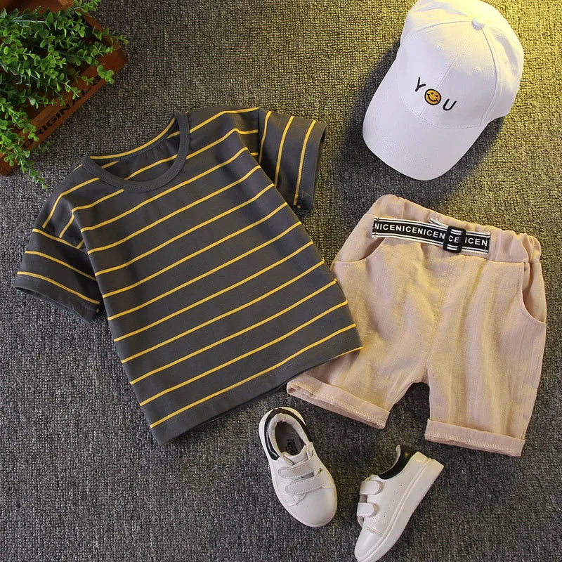Korean Version Baby boys Clothing sets Cotton kids girls Clothes Suits Summer Children's stripe T-Shirt + Shorts Set