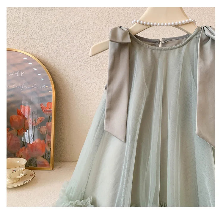 2024 Summer Korean Girls New Sleeveless Bow Solid Color Sweet and Gentle Princess Dress Childrens Trend