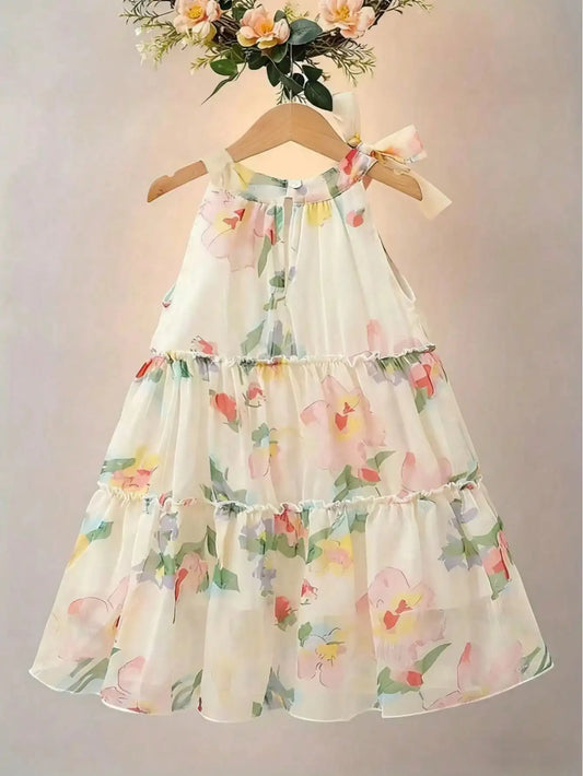 Girls' Floral Chiffon Princess Dress Summer Chic Boho Style Knee-Length with Bow Detail Perfect for Beach And Parties