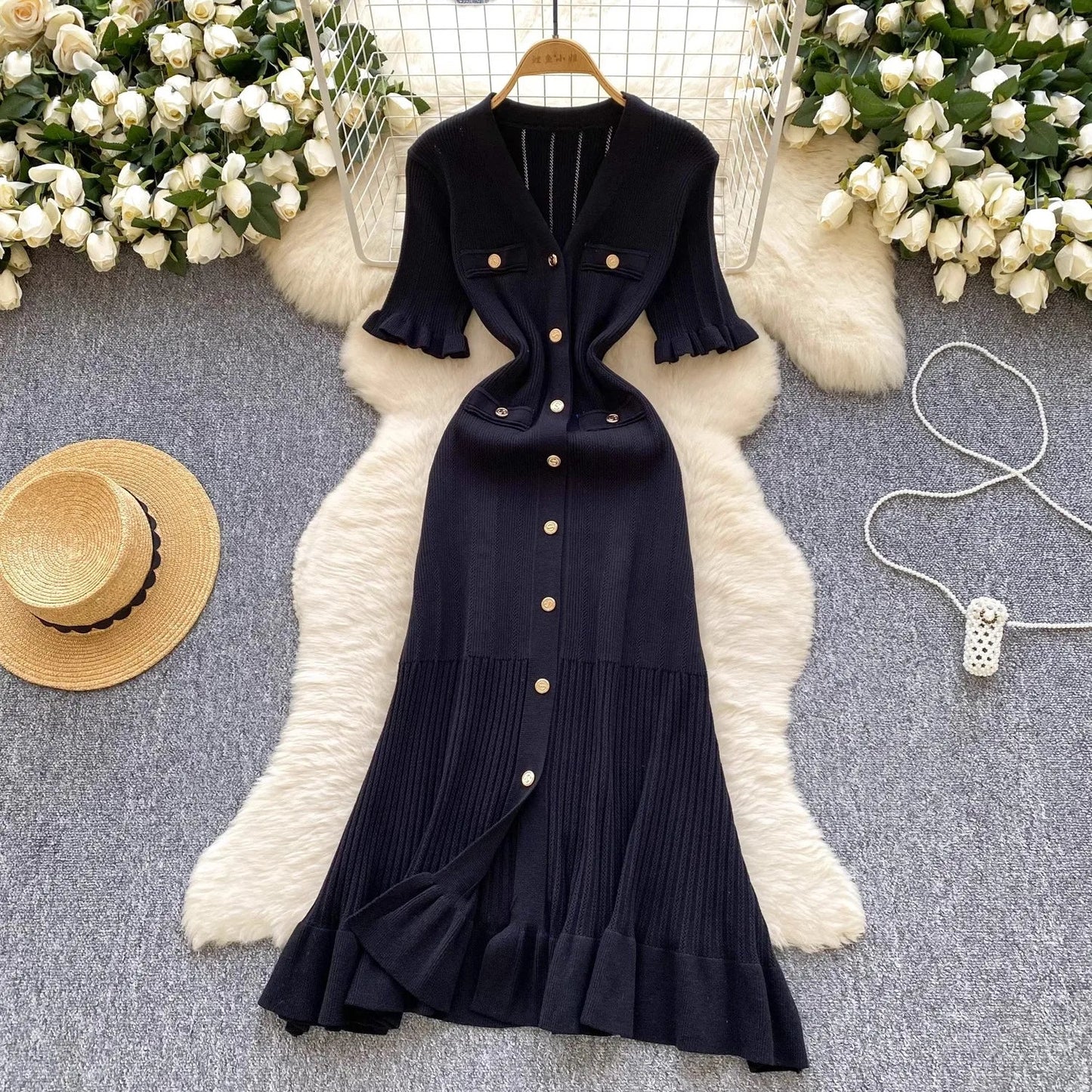 Fashion Vintage Knitted Long Dress Spring Summer Women Elegant V-neck Ruffled Bodycon Sweater Dress Party Vestido