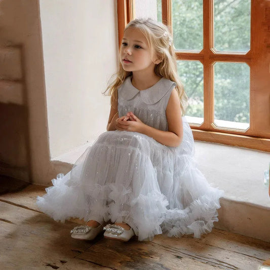 Summer Kid Girl Dress Peter Pan Collar Baby Glitter Mesh Princess Birthday Party Dress 2026 Gauze Dress For Children Girl