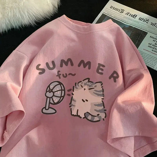 Korean Version Retro Minimalist Cat Printed Summer T-shirt Casual Loose Couple Thin Short Sleeves Women Men T Shirts