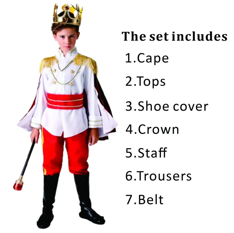 7 Pieces Boys King Carnival Costume Medieval Royal Prince Full Set Outfits for Halloween Birthday Party Fancy Dress Up