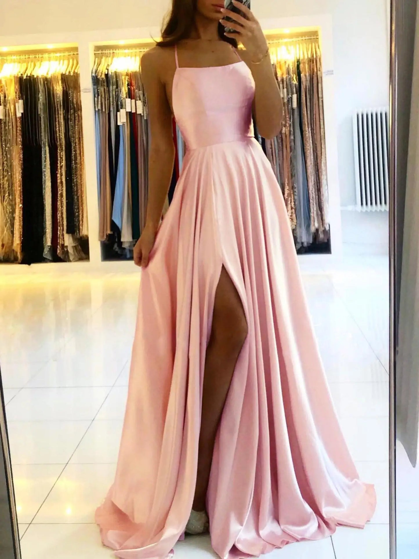 Dusty Green Spaghetti Straps Satin Prom Dresses With Slit Sexy Backless Halter Neck A Line Evening Party Gowns Maxi Vestidos