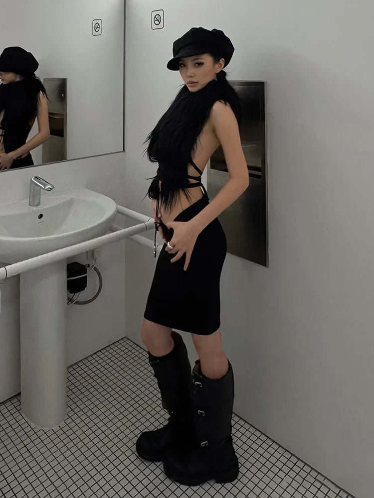 Hottie Sexy Furry Halter Top Women Fur Collar Backless Lace-Up Coquette Dark Punk Style Music Festival Clubwear Vests