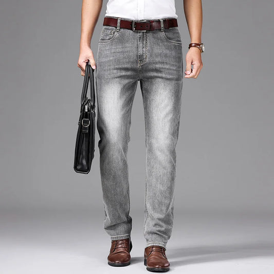 Spring/Summer 2023 Men's Gray Frayed Thin Jeans Classic Style Business Fashion Cotton Denim Stretch Pants Male Brand Trousers