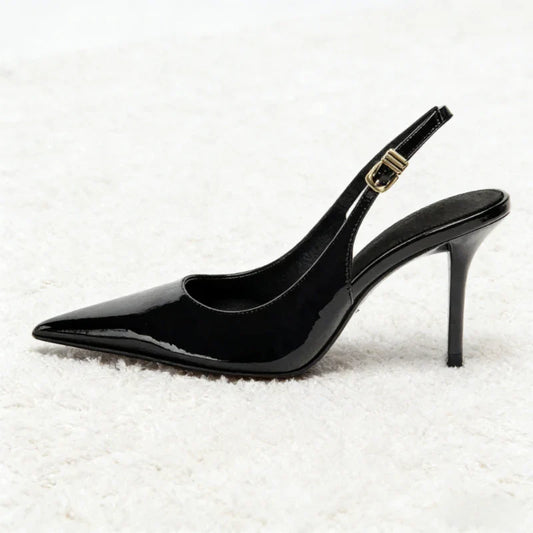 Sexy Black Pointed Toe Patent Leather Pumps Women Luxury Metal Ankle Strap Buckle Brand Designer Shoes Cozy Commuter Office Shoe